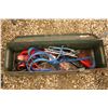 Image 2 : Metal military ammo box with a set of booster cables and a vintage Firestone battery charger