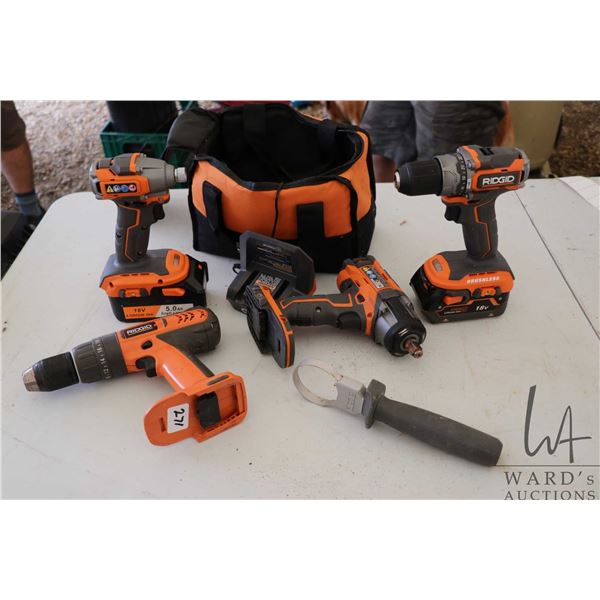 Selection of Rigid 18v battery operated tools including variable speed drill, impact driver, hammer 