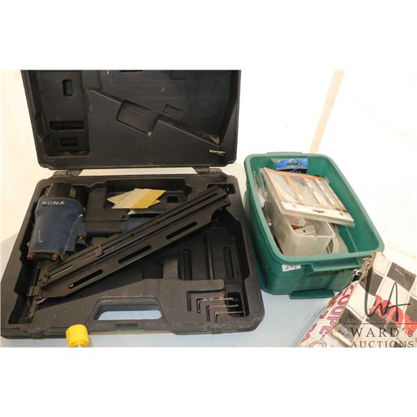 Rona framing nailer in fitted hard case and a selection of nails and staples