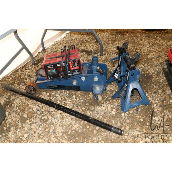 Certified 3 ton floor jack with matching jack stands and a Century battery charger
