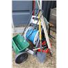Image 1 : Selection of gardening tools and accessories including Scotts seed and fertilizer spreader, hose ree