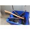Image 1 : Recycling tote w/tire wrenches, axe, pry bars, hand crank snake, etc..