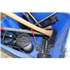 Image 2 : Recycling tote w/tire wrenches, axe, pry bars, hand crank snake, etc..
