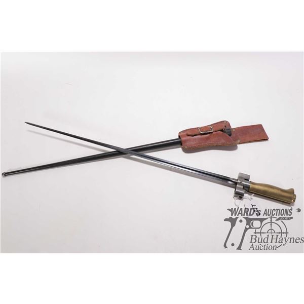 French model 1886 Lebel rifle bayonet w/ 20 1/2" cruciform blade, brass handle, scabbard and frog. S