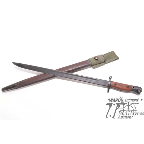 WWI British pattern 1907 rifle bayonet w/ scabbard and frog. Handle marked "SLA246" blade marked XOA
