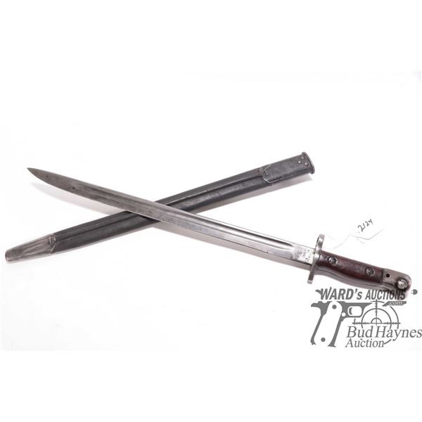 Wilkinson 1907 bayonet w/ 17" blade, leather and metal scabbard. See photos for marks