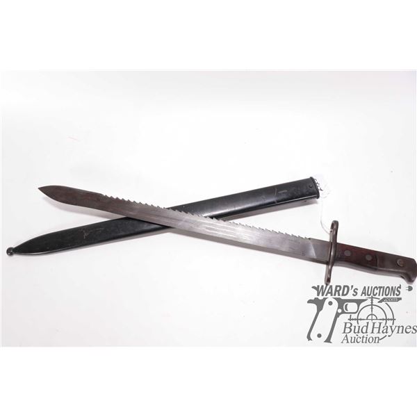 Swiss M-1914 Schmidt carbine saw back bayonet w/ metal scabbard and 18 7/8" L blade. Serial #41069. 