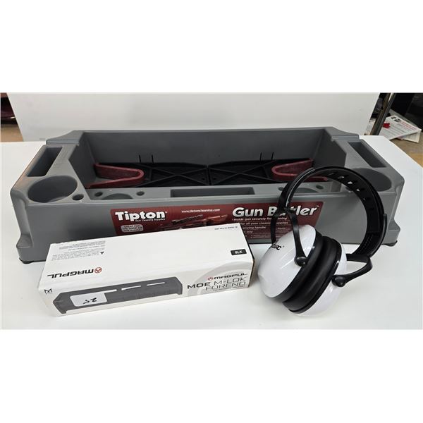 Tipton Gun Butler, set of EZARC ear protection and a Magpull Moe M-LOK forend for Mossberg 590/590AI