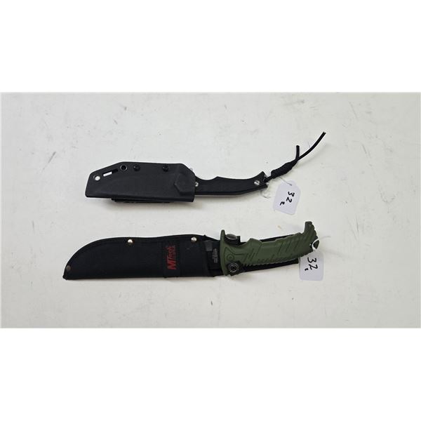 2 collectible knives including a Kubey KU184 fixed blade knight with Kydex sheath and an MTech 7-1/2