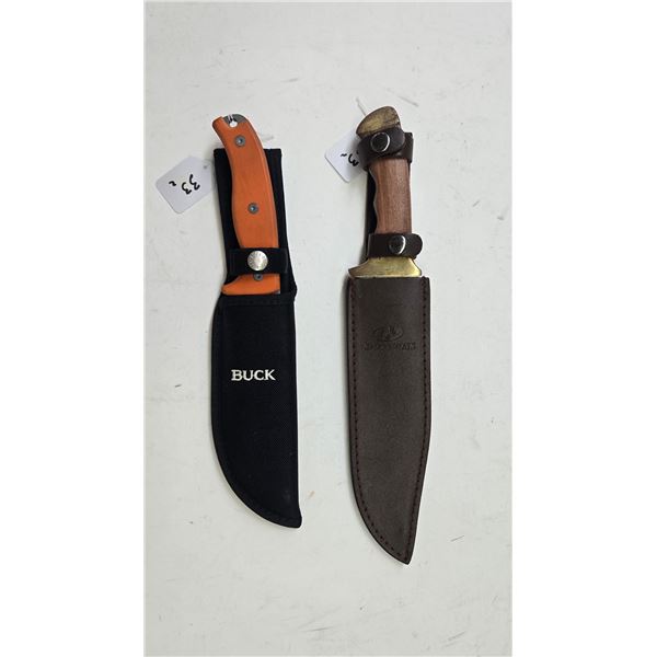 2 Collectible knives including a Buck 0768 hunting knife with 6-1/2" blade and webbed sheath and an 