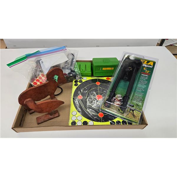Selection of shooting items including metal target, paper targets, bi-pod, trigger locks, etc