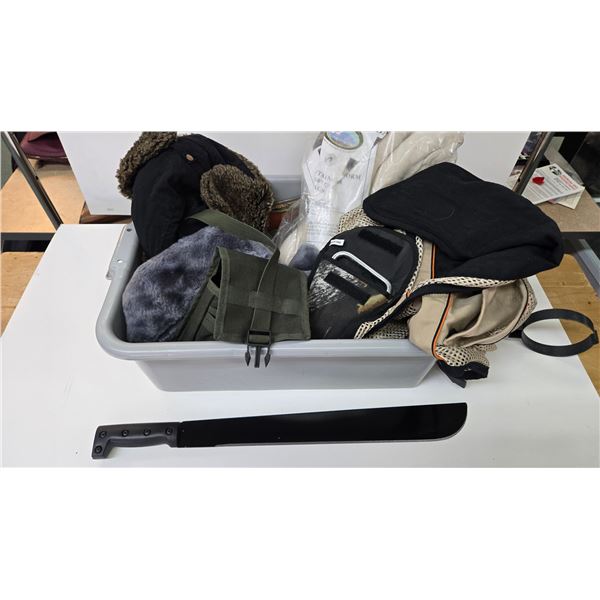 Selection of hunting items including hunting vest, winter caps, ammo pouch, carcass bags, carcass ho