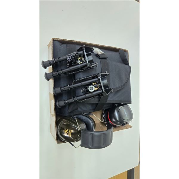Gun accessories including 52" soft case, two bi-pods and two ear protectors