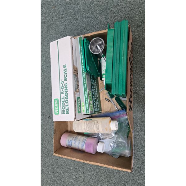 Selection of RCBS loading tools including 5-0-5 reloading scale, case length gauge/capilers, lube pa