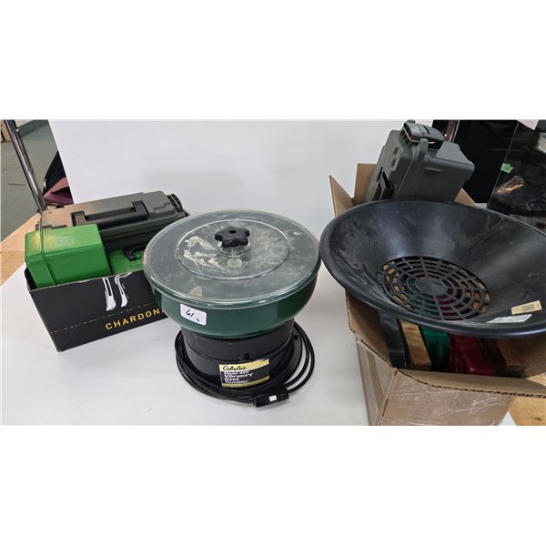 Cabela's model 400 vibratory case tumbler and ammo boxes and trays