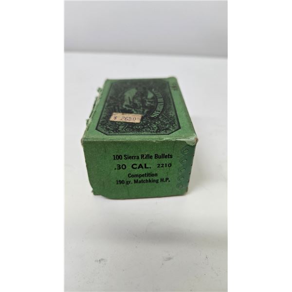 One full 100 count box Sierra .30 cal 190 gr competition Match King HP