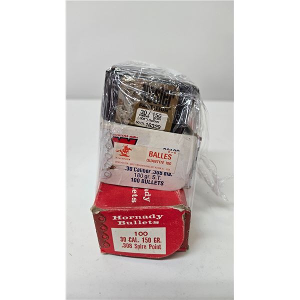 Three boxes of .30 cal bullets including 50 count box Winchester 180 gr ST, 38 count box Hornady 150