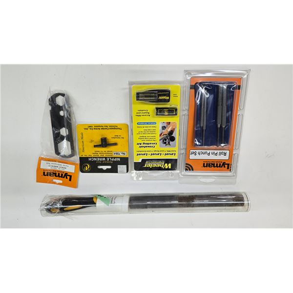 Gun smithing tools including scope ring lapping tool, Lyman bench wrench, Lyman pin punch set, 2 whe