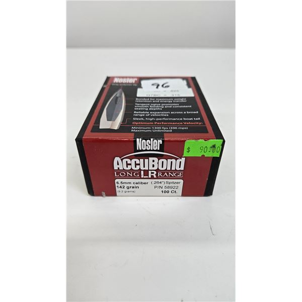 One full 100 count box Nosler Accu-bond LR 6.5 mm 142 gr spitzer