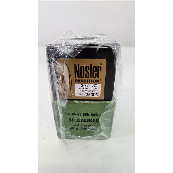 Two boxes of .30 cal bullets including full 50 count box Nosler 180 gr PPT and 77 count box Sierra 2