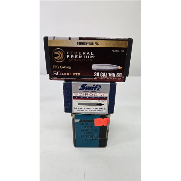 Selection of .30 cal bullets including full 50 count box Barnes 165 gr Spitzer solid, partial 43 cou