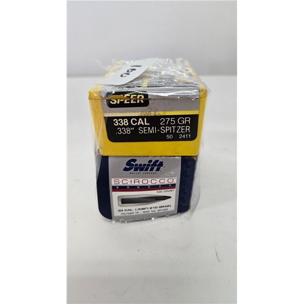Selection of .338 cal bullets including 84 count box of Swift 210 gr polymer tip and a 30 count box 
