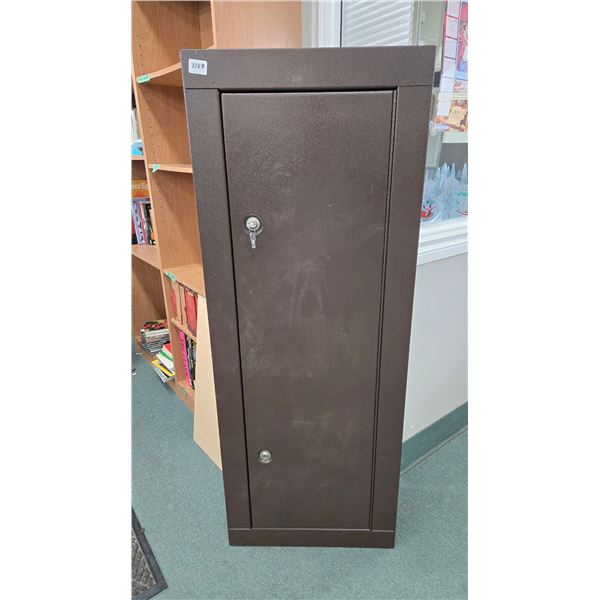 Eight gun cabinet w/ one shelf and a large hand gun case. Measures 55" H x 1" W 10" D