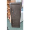 Image 1 : Eight gun cabinet w/ one shelf and a large hand gun case. Measures 55" H x 1" W 10" D