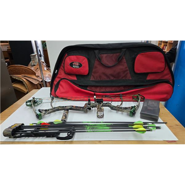 Bear archery compound RH bow with sight, arrow rest, counter weight, 4 hunting arrows, 7 target arro