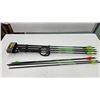 Image 4 : Bear archery compound RH bow with sight, arrow rest, counter weight, 4 hunting arrows, 7 target arro