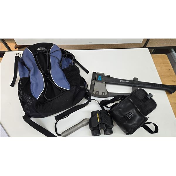 Selection of camp gear including garden axe, Bushnell Xtra wide 5x25 Binox, flash light and back pac