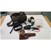 Image 1 : Selection of shooting supplies including trigger pull gauge, ear protection, 1 leather and 1 webbed 