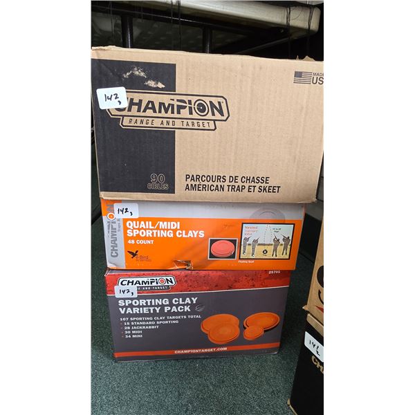 Selection of sporting clays including Champion 107 count and 48 count variety packs and a partial ap