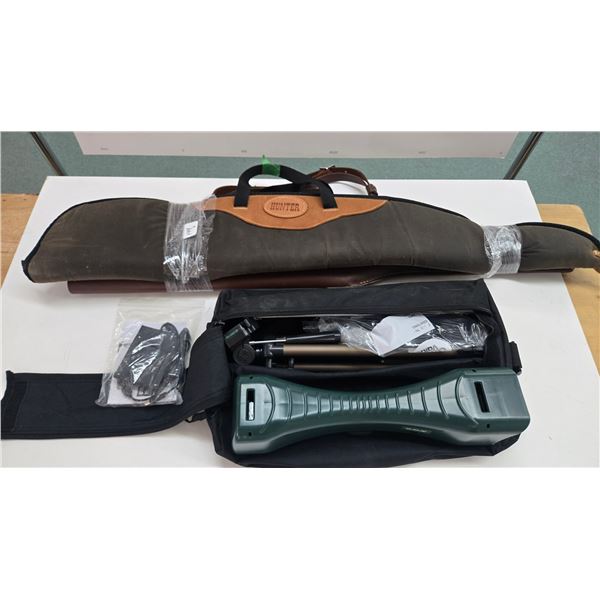 Caldwell ballistic Precision Chronograph in carry case, appears unused, and 2 soft rifle cases, 1 le