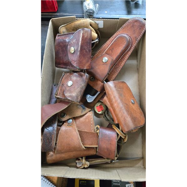 Vintage leather utility belt with Schrade 152 old timer, Rocky MT Dubois Pac-Saw, compasses, flint b