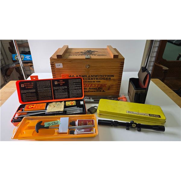 Wooden Winchester ammo box with 4 assorted cleaning kits, a Bushnell sportview 3-7x20 scope with mou