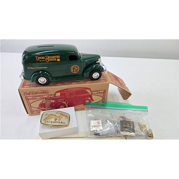 2 Ducks Unlimited 60th anniversary collectibles including Ertl die cast 1938 panel van and a belt bu