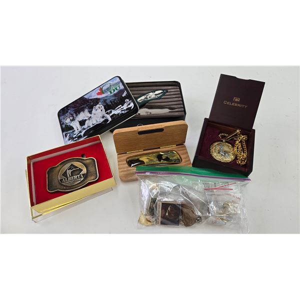 Spruce Grove Fish and Game knife in wooden case, Alberta Ducks Unlimited buckle, Ducks Unlimited kni