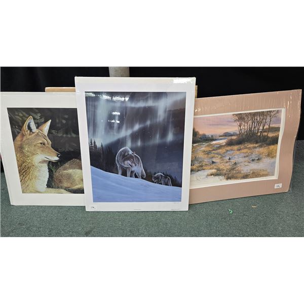 3 unframed limited edition prints including "Hunters Lights" by Des McCaffery 496/950, "Summer Coyot
