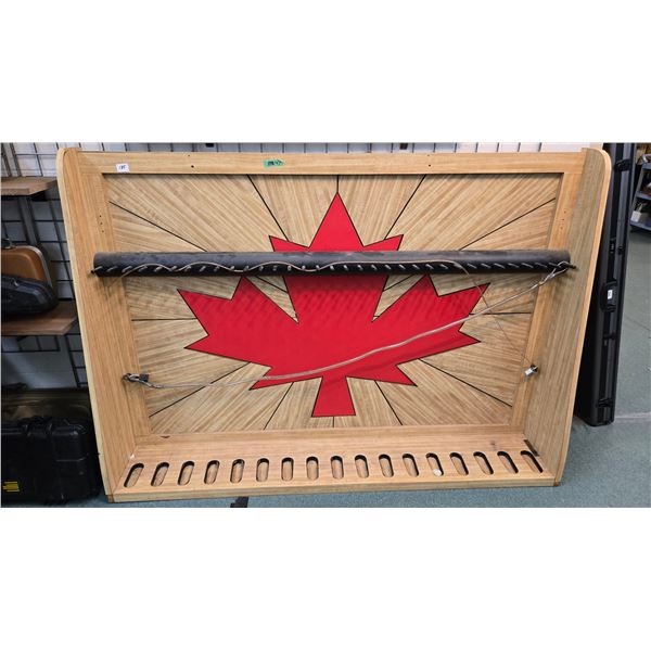 Hand made rifle display rack with large Canadian flag, measures 69-1/2" x 49" x13", holds 17 firearm