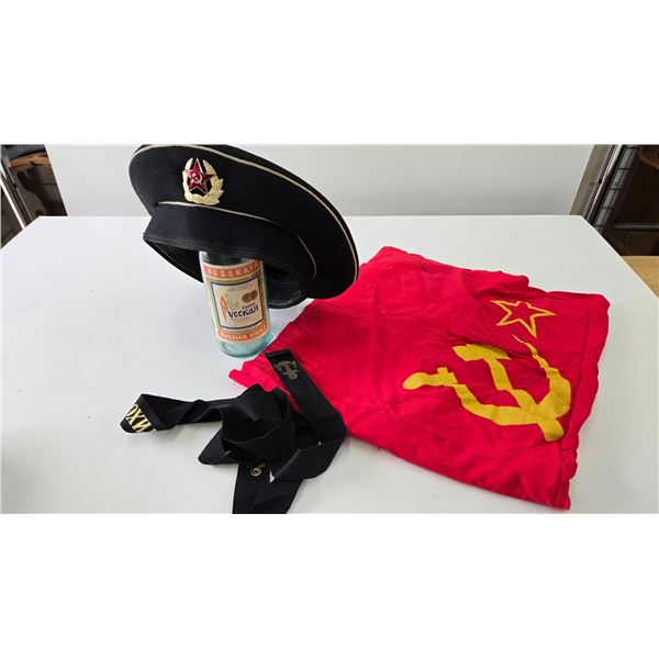 Vintage Soviet Union visor-less Beskozirka hat, band, and a 27" x 54" Russian Flag