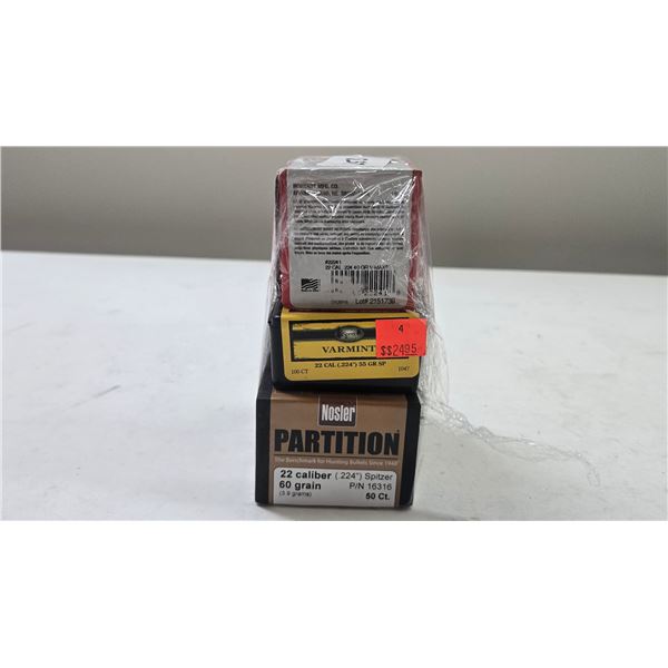 3 boxes of 22cal bullets including a full 100 count Hornady 40g V-Max, 1 full 100 count box of speer