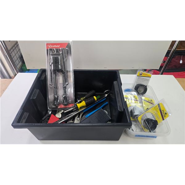 Selection of gun related parts including new in package bipod, 12ga snap caps, Ruger 10-22 extended 
