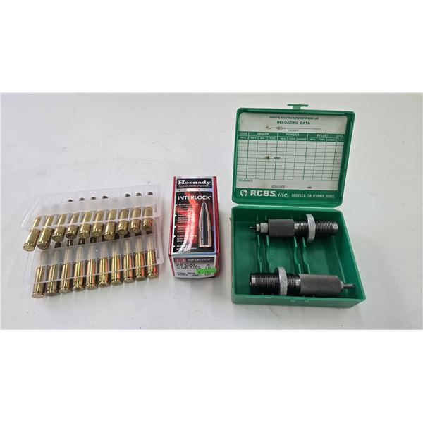 1 Full 100 count box of Hornady 25cal 117gr BTSP interlock bullets, an RCBS FL die set 25-06, and 20