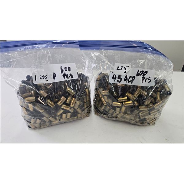 2 bags containing 1200 .45 ACP brass