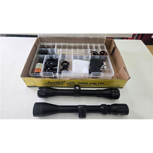 2 scopes including Bushnell rimfire 4x32 and a Dead Ringer 3-9x40 plus a plastic case with assorted 