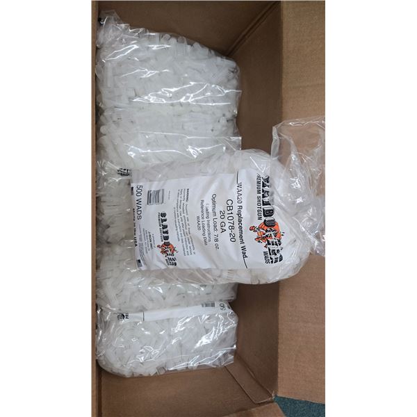Box containing 6 full 500 count bags of 20ga plastics wads by claybusters