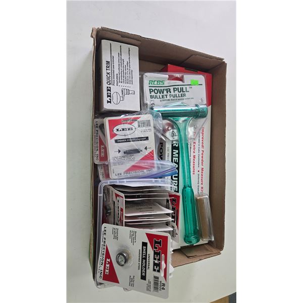 Selection of loading tools including Lee powder measure kit, Lee quick trim, several case holders an