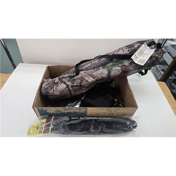 RealTree folding camp chair, butler creek rifle sling, small equipment pack, water bottle case, etc