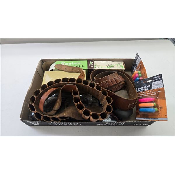 2 leather ammo belts, 4 assorted duck calls, a Ralling bag and ear plugs
